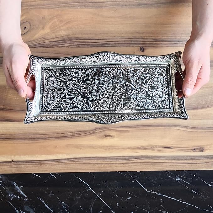 Metal Serving Tray with Raised Edges, Vintage Design Tray, Rectangular Metal Serving Tray, Decorative Serving Platter, Turkish Ottoman Coffee Tea Beverage Serving Square Tray (Silver)