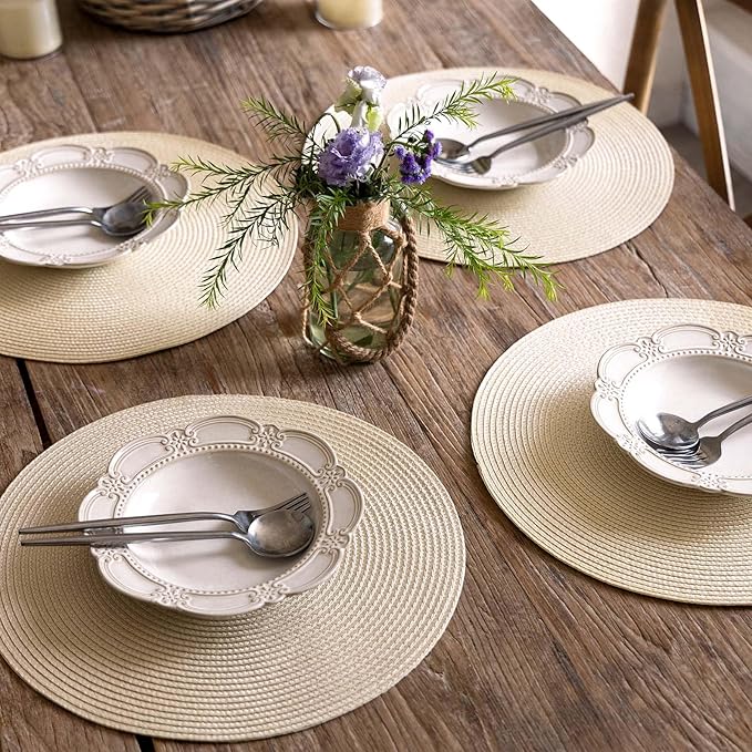 FunWheat Round Braided Placemats Set of 4 Table Mats for Dining Tables Woven Washable Non-Slip Place mats 15inch (Beige, 4pcs)