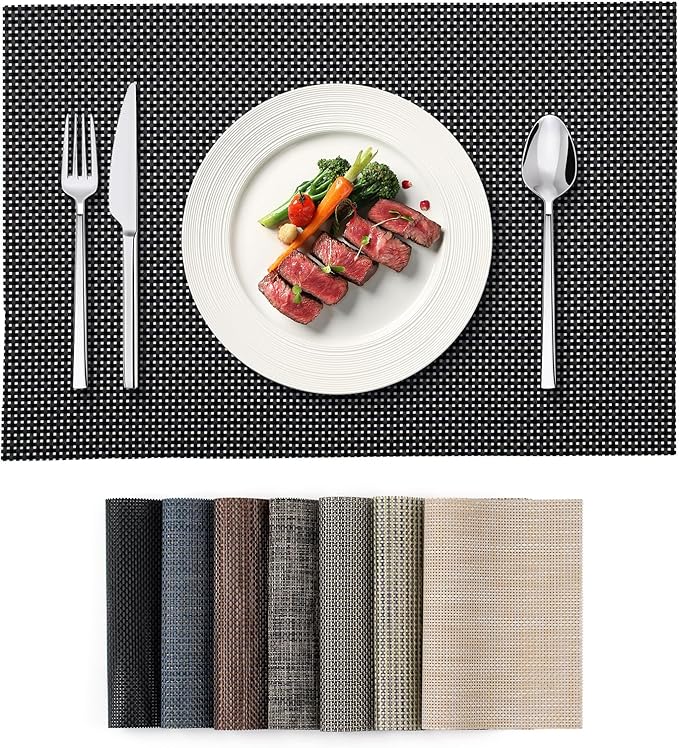 Placemats Set of 4, Heat Resistant Place Mats, Washable PVC Table Mats, Woven Vinyl Plastic Placemats for Dining Table, Non-Slip Stain Resistant Kitchen Table Placemats Easy to Clean?Black?