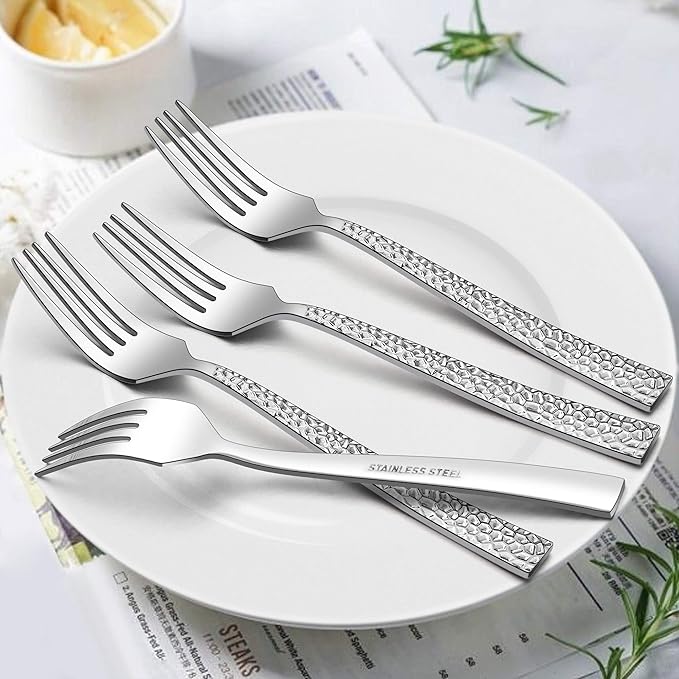 LIANYU 24-Piece Hammered Silverware Set with Extra Salad Forks, Stainless Steel Square Flatware Cutlery Set for 4, Fancy Eating Utensils Tableware, Dishwasher Safe