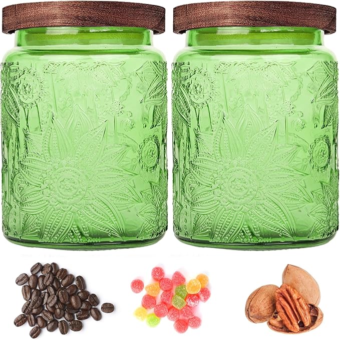 Glass Storage Jars With Airtight Lid, 23.7oz Canister For Kitchen Counter with Wooden Lid, brown sugar, candy, coffee, cookie, salt, tea,pantry cute Jar (Green, 23.7 floz)