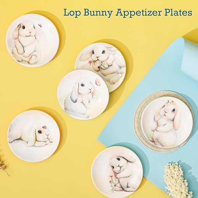 Bico Pastel Lop Bunny 6 inch Ceramic Appetizer Plates, Set of 6, for Salad, Appetizer, Snacks, Plates Microwave & Dishwasher Safe