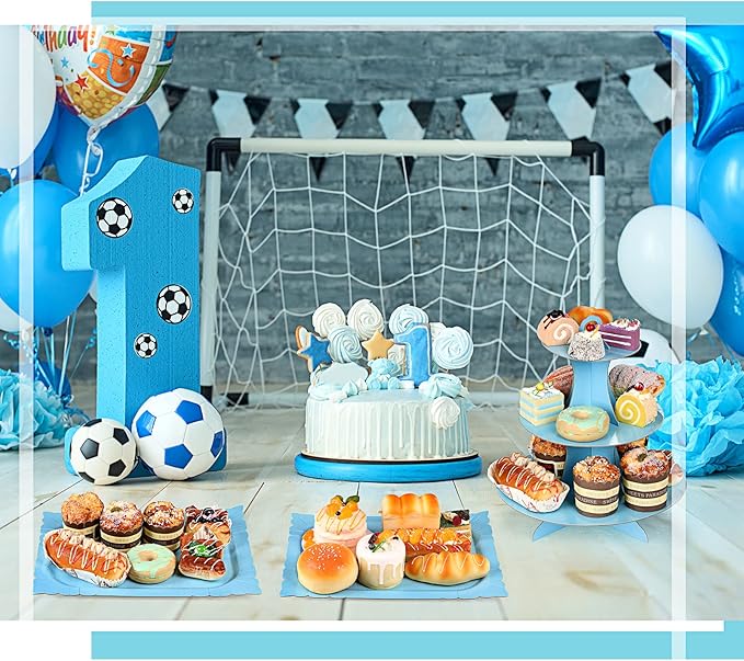 Zopeal 7 Pcs Dessert Table Display Set 3-Tier Cupcake Stand 1-Tier Cup Cake Display Tower Platters and Serving Trays Cardboard Cake Cookie Holders for Wedding Birthday Party Baby Shower(Sky Blue)