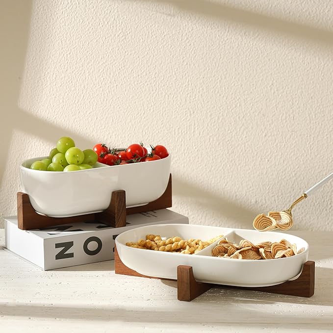 Divided Ceramic Serving Plate with Acacia Wood Base, Appetizers Platter for Home Decor(2-Compartment Plate), 12inch Divided Plate for Snack, Dessert, Fruit, Chip and Dip Serving Set