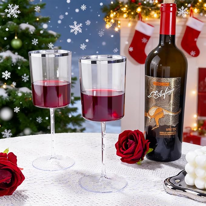Ciaell 12 Pack Plastic Wine Glasses - 14 Oz Plastic Wine Glasses with Stem - Square Silver Disposable Stemmed Glass for Parties & Weddings & Outdoors