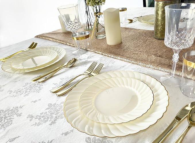 " OCCASIONS " 240 Plates Pack,(120 Guests) Vintage Wedding Party Disposable Plastic Plates Set -120 x 10.25'' Dinner + 120 x 7.5'' Salad/Dessert (Blossom Ivory/Gold)
