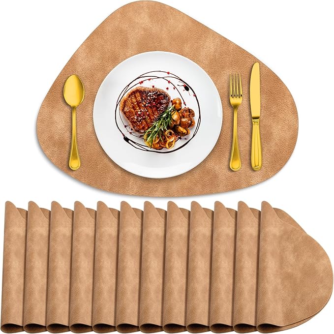 ADRIMER Placemats, Heat Resistant Round Placemats Set of 12 Washable 13 x 17 Inch, Waterproof Table Mats Wipeable for Kitchen, Dining Room Table Christmas Decor, Camel