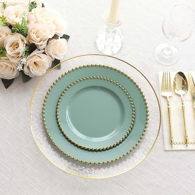 10" Dinner Plates - Set of 20 - Plastic Dusty Sage Green/Gold Round Disposable Plate Beaded Rim, Ideal for Decoration Party Wedding Bulk Events