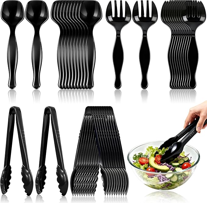 36Pcs Disposable Plastic Serving Utensils Set, 12 Black Spoons, 12 Forks, 12 Tongs, 9-Inch for Party Buffet Catering Events, Heavy Duty and Ergonomic Design (Black-1)