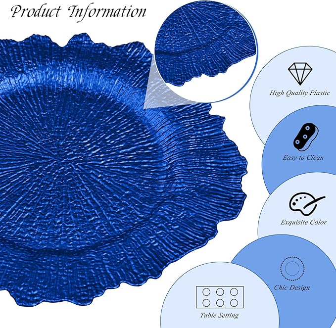 50 Pack Royal Blue Charger Plates Bulk, 13" Plastic Reef Chargers for Dinner Plates, Round Charger Plate with Floral Reef Design for Dinner Wedding Party Table Setting Decoration