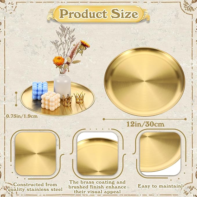 6 Pcs Gold Serving Trays, 12 Inch Stainless Steel Round Decorative Serving Table Food Circle Tray for Coffee Bar Home Bathroom Candle Wedding Party Makeup Organizer Perfume Countertop