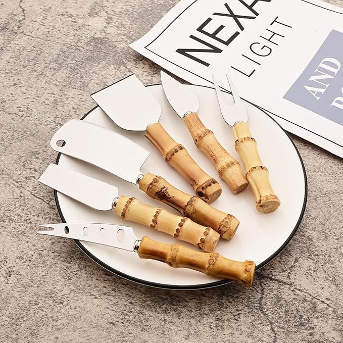 6-Piece Bamboo Silverware Set, Stainless Steel Flatware Hostess Serving Set Bamboo Utensils Tableware Set for Home Camping Travel Hotel - 6pcs Cheese Knife