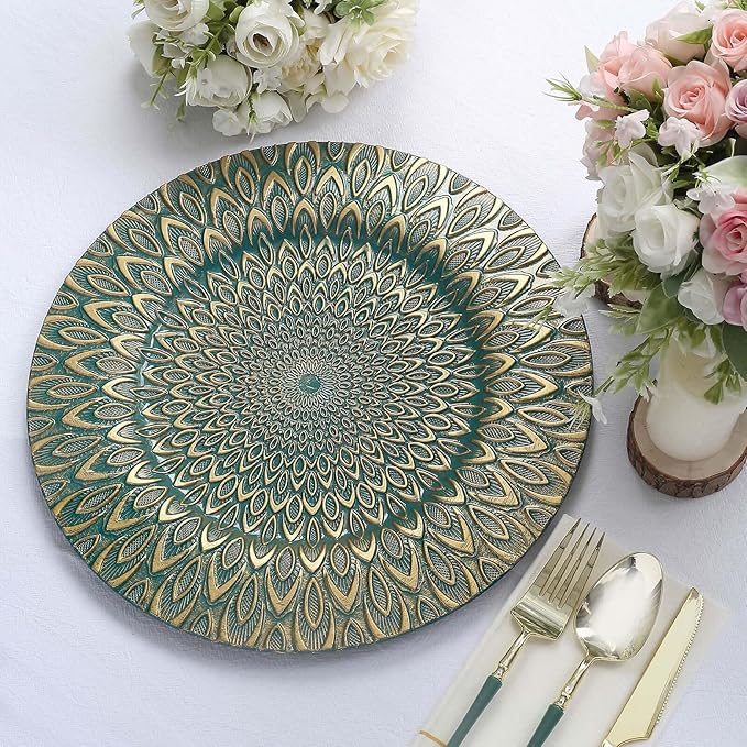 Efavormart 6 Pack | 13" Teal/Gold Embossed Peacock Design Plastic Serving Plates, Round Disposable Charger Plates