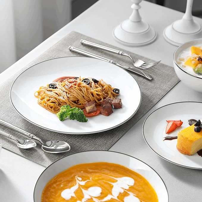 24-Piece Black-Rimmed Ceramic dinnerware Set, White Porcelain Plates, Including 4 Dinner Plates/Dessert Plates/Soup Plates/Bowls, Black Rimmed - 24-Piece Set,Black Rim-24 Piece