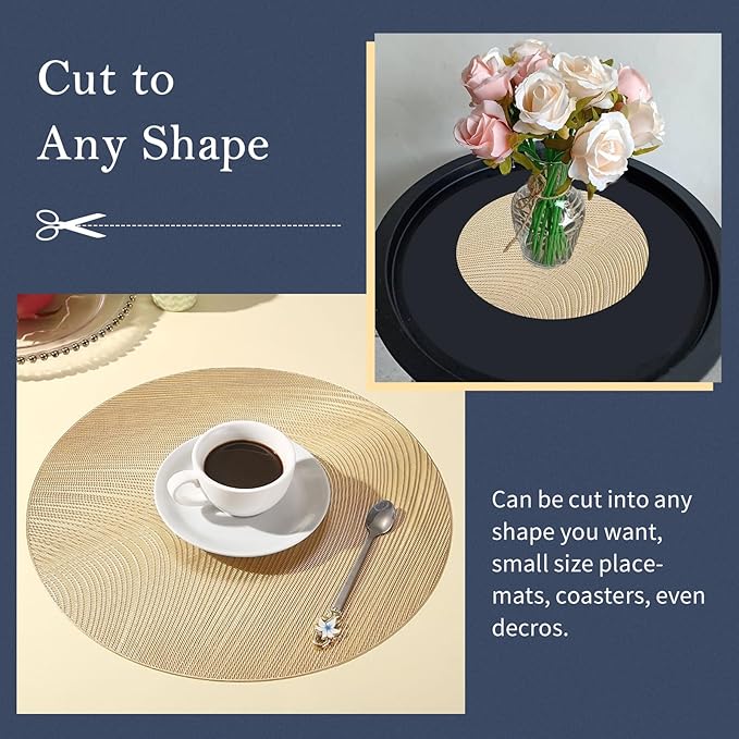 FAVE Golden Round Placemats Vinyl Slip Resistant Table Mats Set of 6 Washable Vinyl Hollowout Textures Placemats for Dining Table Durable PVC Table Mats（15 x15,Gold）