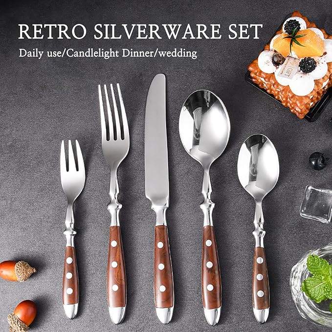 30-piece wooden handle silverware set for 6, premium stainless steel flatware set, retro brown utensils cutlery set, mirror finished forks spoons and knives set, dishwasher Safe