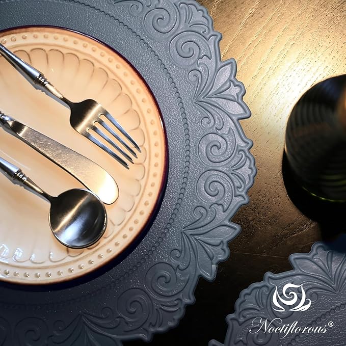 Noctiflorous Round Faux Leather 15 Inch Placemats Set of 4 Waterproof Wipeable Heat Resistant Tablemat for Dining Table Kitchen Non Slip Washable Oilproof Table Place Mat(Graphite Gray, 4)