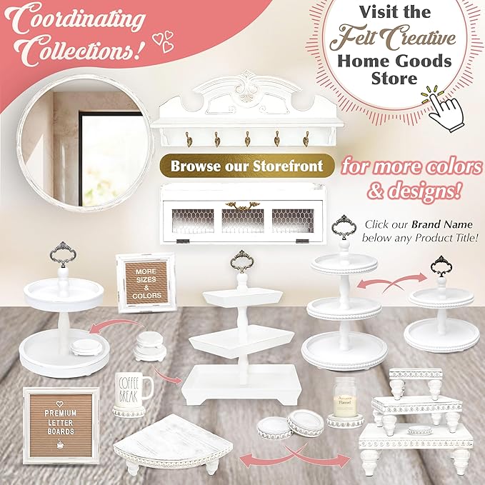 Rustic Wood Two Tiered Tray by Felt Creative Home Goods, Rectangle 2 Tier Serving Tray for Coffee Bar, Kitchen Counter, Dining Room Table, Cupcake Stand, Holiday and Farmhouse Decor (Rustic White)