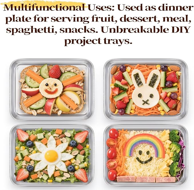 Lyellfe 6 Pack Small Stainless Steel Plates, 7''L x 5''W Mini Metal Food Tray Plate, Portable Size Baking Sheets for Oven, Food Safe Smooth Polished for Picky Eaters, Campers, Hand Project