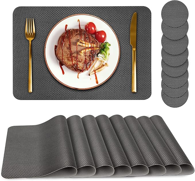 Bacgnyer Placemats Set of 8, Placemat with Coasters Heat Stain Scratch Resistant Non-Slip Waterproof Oil-Proof Washable Wipeable Outdoor Indoor for Dining Patio Table Kitchen Decor and Kids (Grey 8)