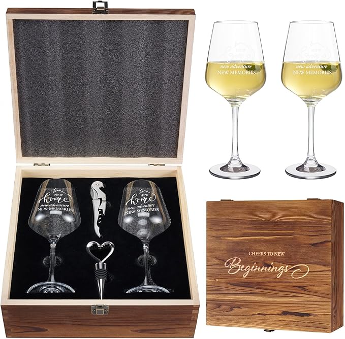 AW BRIDAL House Warming Gifts New Home Wine Glasses Sets, 2025 Closing Gifts for Home Buyers and Homeowner, New Apartment Gift Basket for Couple, First House Gift with Wooden Keepsake Box