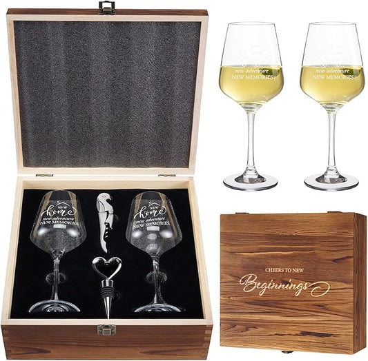 AW BRIDAL House Warming Gifts New Home Wine Glasses Sets, 2025 Closing Gifts for Home Buyers and Homeowner, New Apartment Gift Basket for Couple, First House Gift with Wooden Keepsake Box