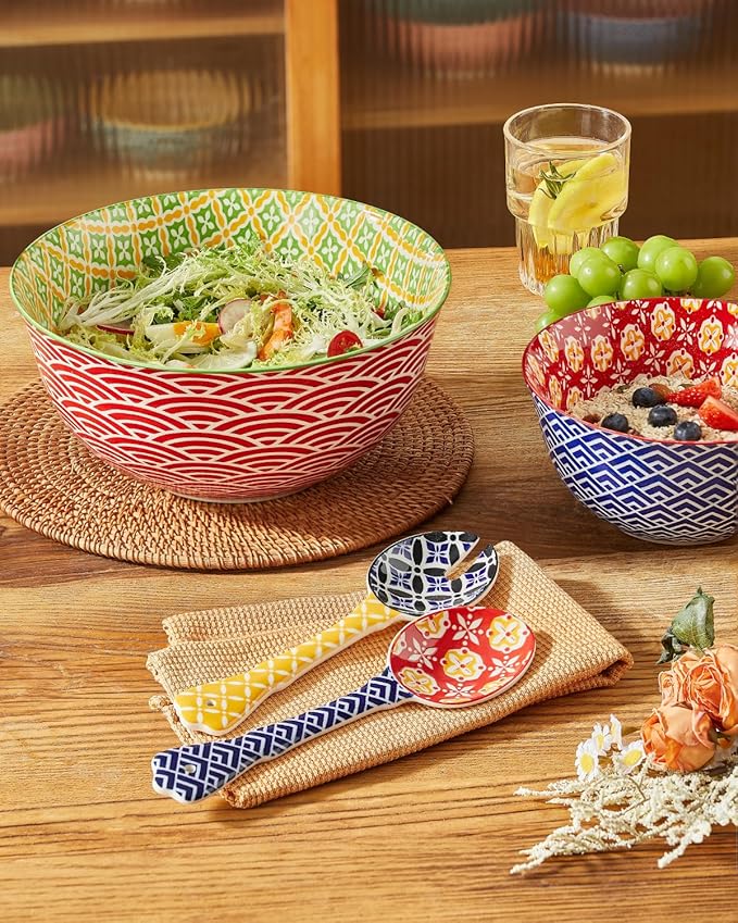 Ceramic Salad Servers, 9" Salad Spoon and Fork Set, Salad Tongs for Mixing, Tossing, Cooking and Stirring, Dishwasher & Microwave Safe, Set of 2, Yellow & Blue