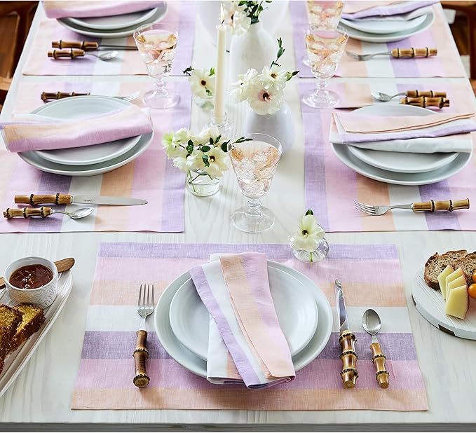 Solino Home Linen Placemats Set of 4 - Multicolor Gelato Stripe Placemats 14 x 19 Inch - 100% Pure Linen Place Mats
