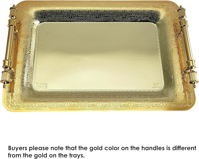 (Pack of 2) 15.7 inch x 11 inch Oblong Iron Gold Plated Mirror Serving Tray with Handles Floral Engraved Decorative Party Birthday Dessert Wine Decor Platter Plate Base Dish NC-014