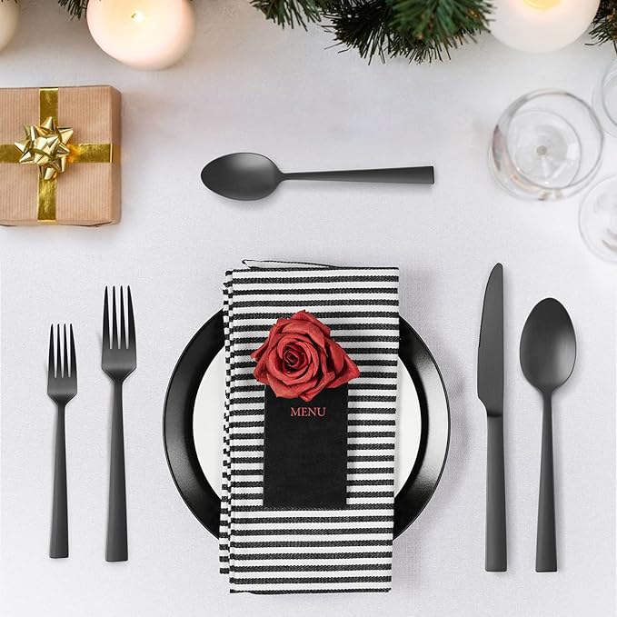 40-Piece Matte Black Silverware Set, E-far Stainless Steel Flatware Set Service for 8, Metal Cutlery Eating Utensils Tableware Includes Forks/Spoons/Knives, Square Edge