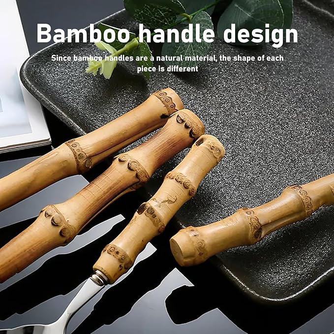 40-piece bamboo flatware cutlery set for 8, gold bamboo handle silverware set, 18/8 stainless steel cutlery set reusable with forks and spoons, dishwasher safe