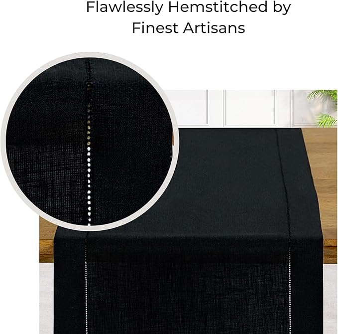 D'Moksha Homes Black Linen Table Runner 60 Inches Long - 100% Pure Linen Diamond Table Runner 14 x 60 Inch for Dining, Winter, Christmas, Holiday, New Year - Machine Washable