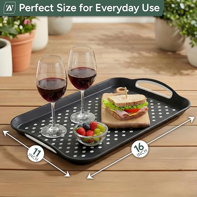 Zuvo Anti-Slip Food Serving Tray with Handles (Set of 2) – BPA-Free Plastic, Lightweight & Durable – Non-Slip Couch Trays for Eating & Drinks (Black)