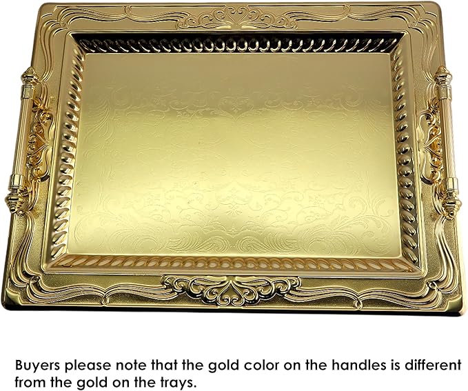 (Pack of 2) 18.1 inch x 13.6 inch Rectangular Iron Gold Plated Serving Tray with Handles Floral Engraved Decorative Party Wedding Buffet Wine Candle Decor Platter Plate Base Dish NC-072