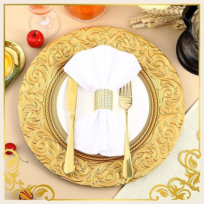 Uiifan 12 Pcs Antique Charger Plates Bulk 13'' Plastic Embossed Dinner Plate Chargers Round Floral Plates for Wedding Decorative Chargers for Table Dinner Kitchen Party Decoration (Gold)