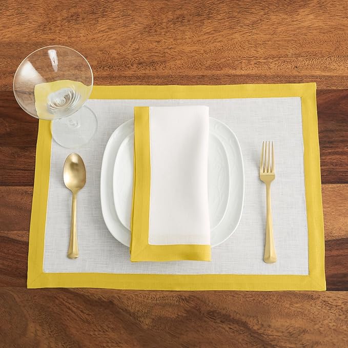 Solino Home Linen Placemats Set of 4 - Sunshine Yellow and White Placemats 14 x 19 Inch - 100% Pure Linen Table Place Mats - Classic, Handcrafted and Machine Washable