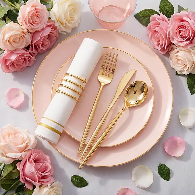 MirthMood 350PCS Pink Plastic Plates with Gold Rim – Plastic Plates Set Includes 50 Dinner,50 Dessert Plate,50 Cup&50 Napkins 150 Gold Silverware for Wedding&Birthday Parties&Valentine's Day