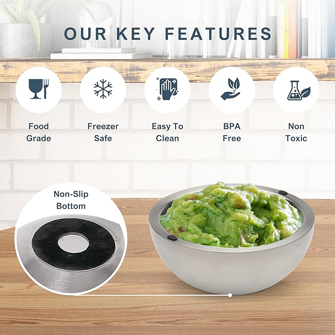 Dip Chiller Bowl - 35oz Capacity - Frozen Ice Stainless Steel Party Serving Bowl - Insulated Dip Dish Platter Keeps Salsa, Guacamole, Condiments, Sauces, Salad & Food Hot or Cold (2 Bowls)
