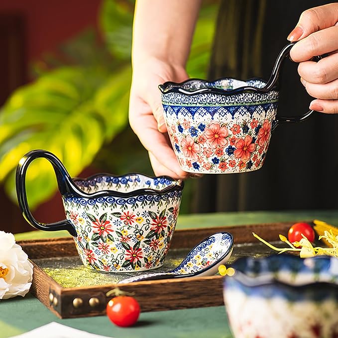OZY Handpainted Soup Bowl with Handle,Ceramic Cereal Bowl Great for Soup, Ice cream, Fruits,Snack,Microwave &Dishwasher Safe (Snow Ink Plum Pink,Spoon)