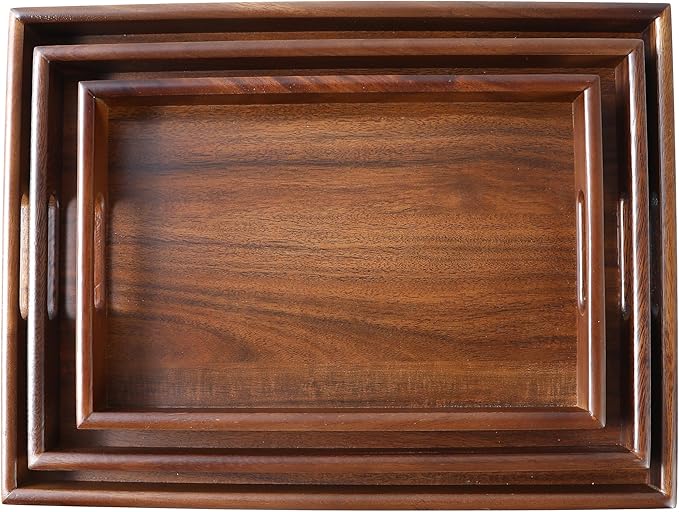 Premium Durable Rectangular Wooden Tray with Handle Set of 3(12", 14", 16")-100% Natural Walnut Wood Serving Platter for Coffee Table-Great Ottoman Tray Home Decor Plates for Breakfast & Dining