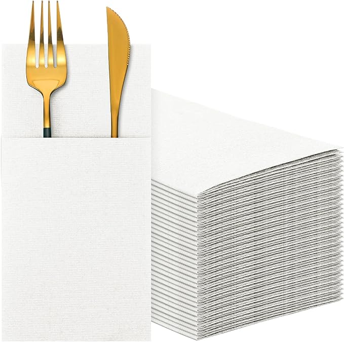 Cindeer 150 Pcs White Linen Dinner Feel Napkins with Built in Flatware Pocket Prefolded Paper Disposable Airlaid Guest Hand Towel for Silverware Wedding Reception Christmas Baby Shower
