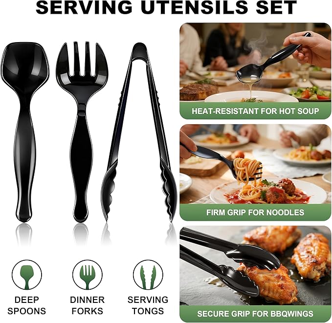 36Pcs Disposable Plastic Serving Utensils Set, 12 Black Spoons, 12 Forks, 12 Tongs, 9-Inch for Party Buffet Catering Events, Heavy Duty and Ergonomic Design (Black-1)