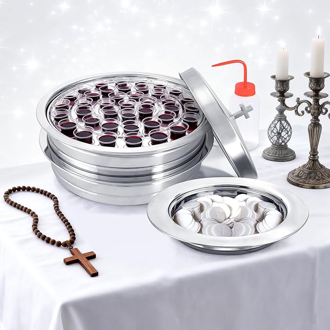 Stainless Steel Communion Tray Set for Church – 2Pcs Communion Wine Tray with 1 Lid & 1Pcs Bread Plate with Lid, Includes 100 Disposable Cups, Cups Filler