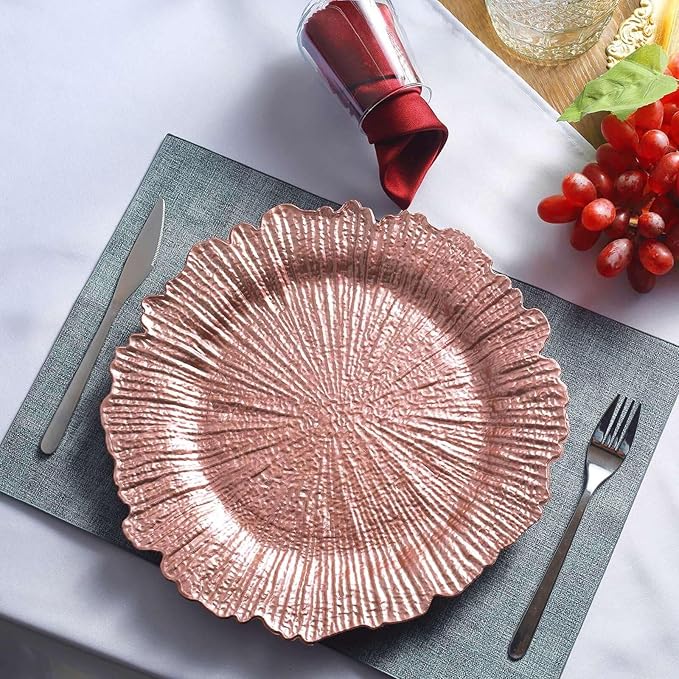 13" Charger Plates - Set of 12 - Acrylic Rose Gold Round Reef Disposable Chargers, Ideal for Dinner Party Wedding Holiday Bulk Events