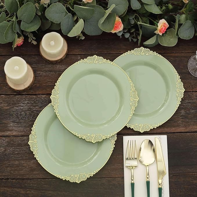 8" Salad Plates -Set of 20 - Plastic Sage Green Round Baroque Disposable Chargers Leaf Embossed Rim, Ideal for Dinner Party Wedding Bulk Events