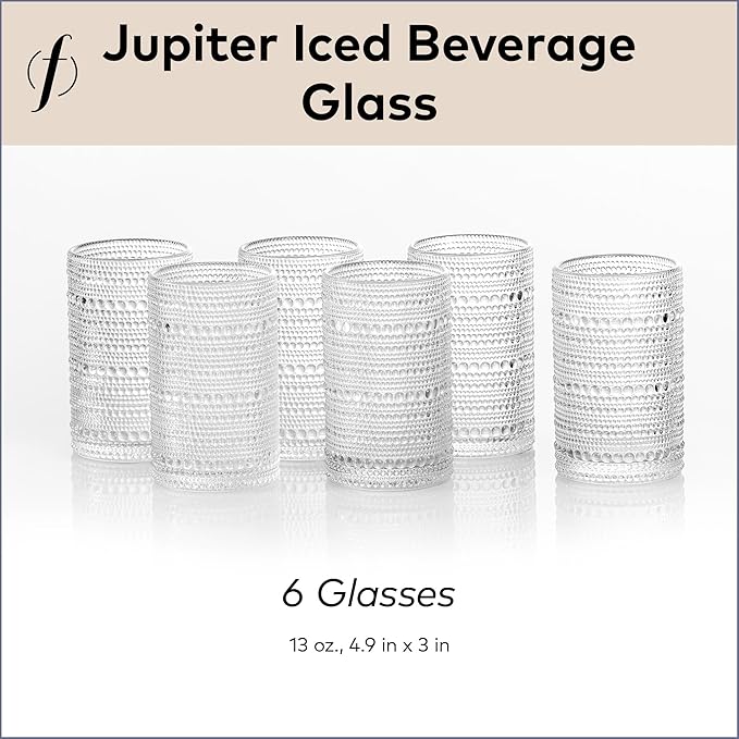 Fortessa Jupiter Beaded Hobnail Glass, 13 Ounce Iced Beverage (Set of 6), Clear