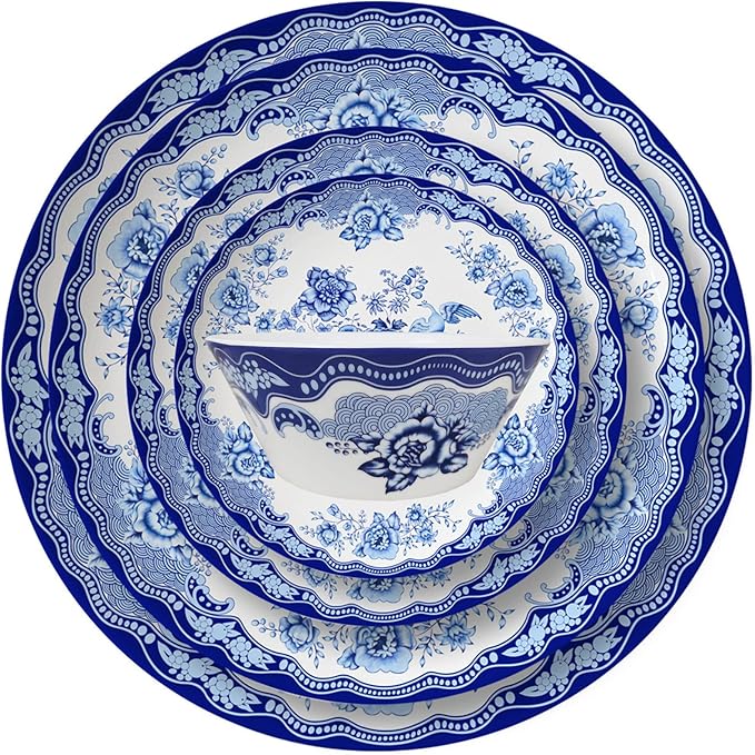 Bone China Dinnerware Set 20Pcs, Ceramic Dinner Plates Set of 4, Round Tableware, Service for 4, Dishwasher Safe, Blue and White Porcelain