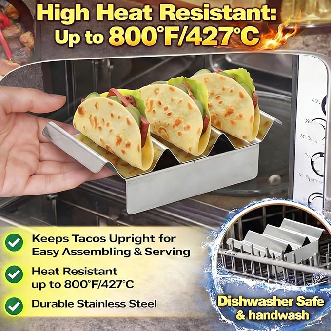 4 Pcs 304 Stainless Taco Holder Bar with Base Taco Stands for 3 Tacos Metal Trays Easy to Clean, Dishwasher Safe, Hot Dog Prep Tray