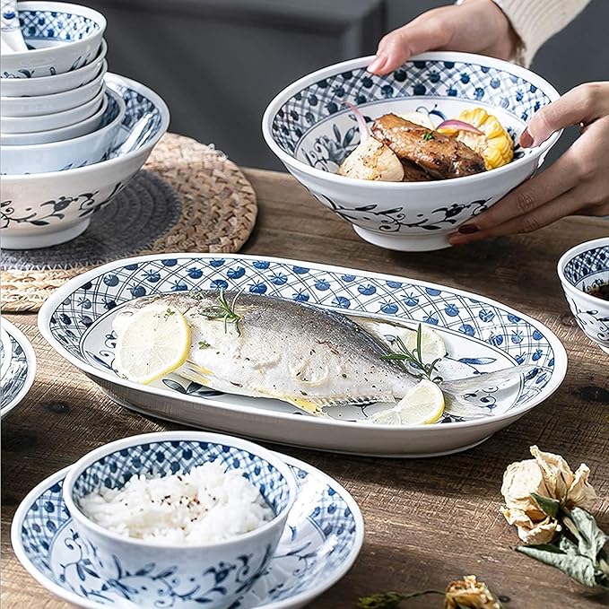 Dinnerware Set Dinner Party Tableware Service Set Ceramics Dinner Sets, Blue and White Porcelain Dinnerware Set of 45 | Simplicity Cereal Bowl and Steak Plate Set for Family Dinner