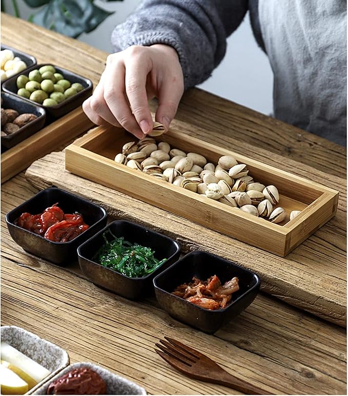 Sauce Dipping Saucer Sauce Dipping Bowls 3.3 Oz Soy Sauce Dipping Bowls Side Dish Plates for Snack Sushi Fruit Appetizer Dessert Ceramic Dip/Dipping Bowls Set Of 3 with Bamboo Tray Soy Sauce Bowls Di